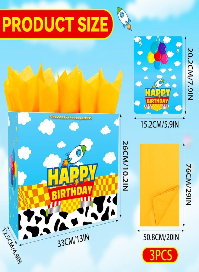 CHENRINDECO 13" Large Cartoon Story Birthday Gift Bag (Includes Card, Colored Paper, Envelope, and Stickers), Blue Sky and White Clouds Rocket Party Favor Bag, Toy-Themed Birthday Party Supplies - Image 4